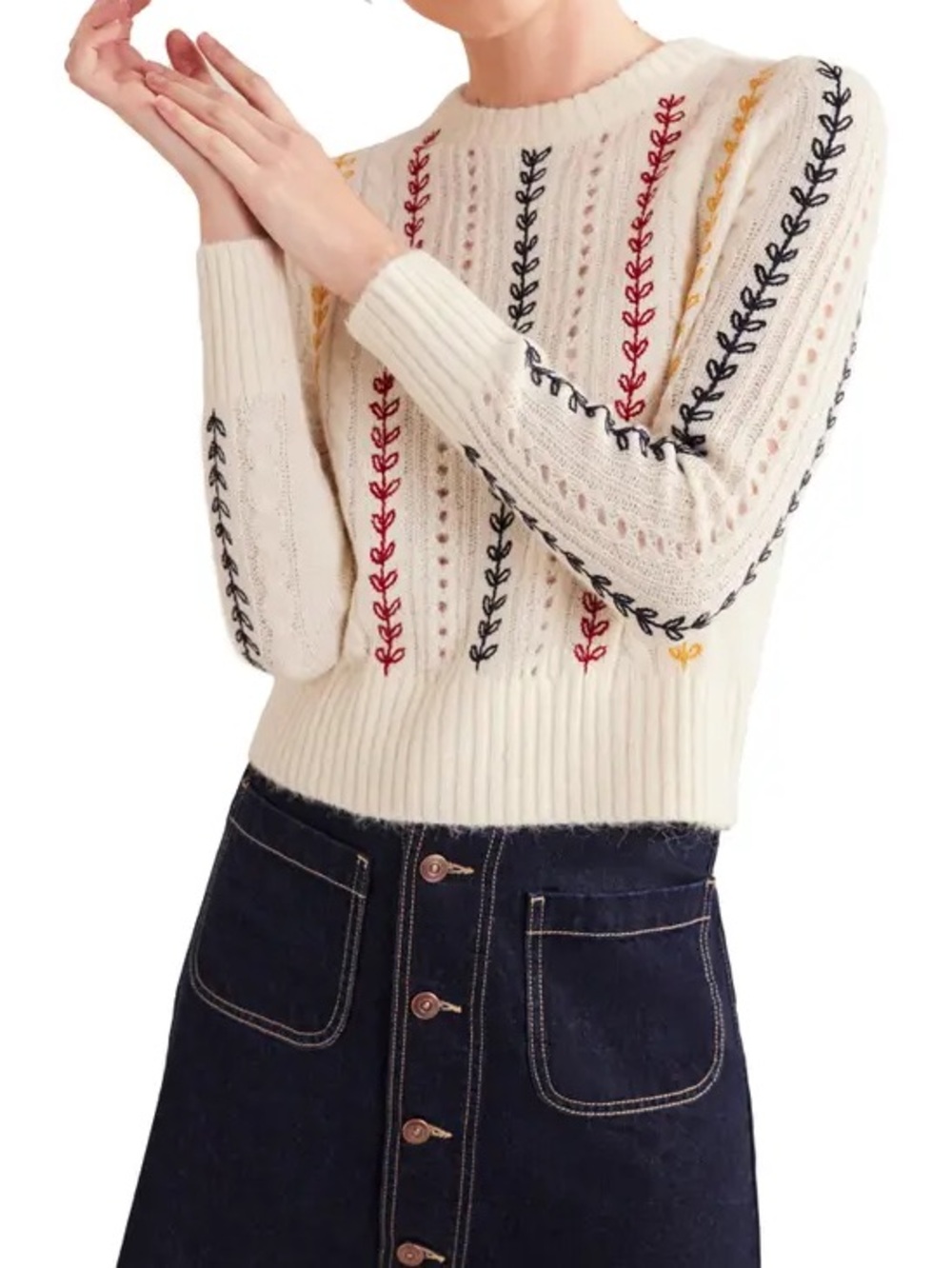 Boden Mix Stitch Embroidered Crewneck Sweater In Warm Ivory